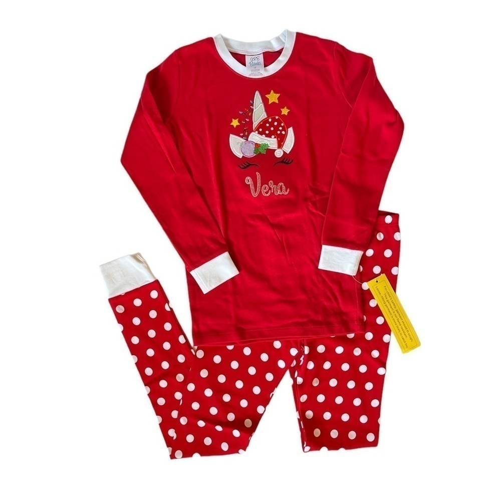 Christmas unicorn long sleeve red and white pajamas personalized name “Vera”